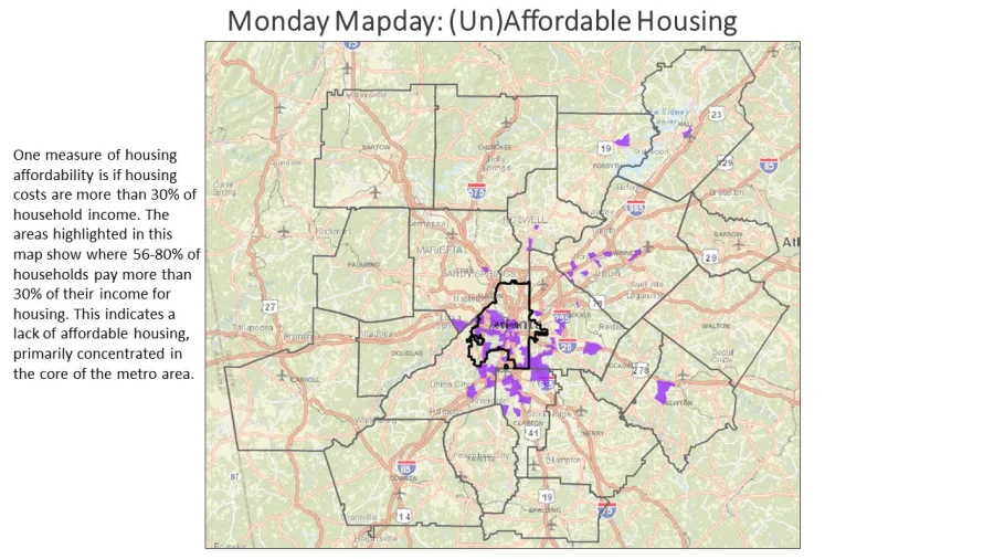 Map showing lack of affordable housing in census tracts in metro Atlanta