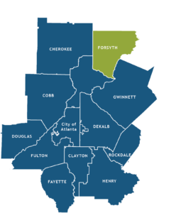 The 11 County Atlanta region, Forsyth highlighted
