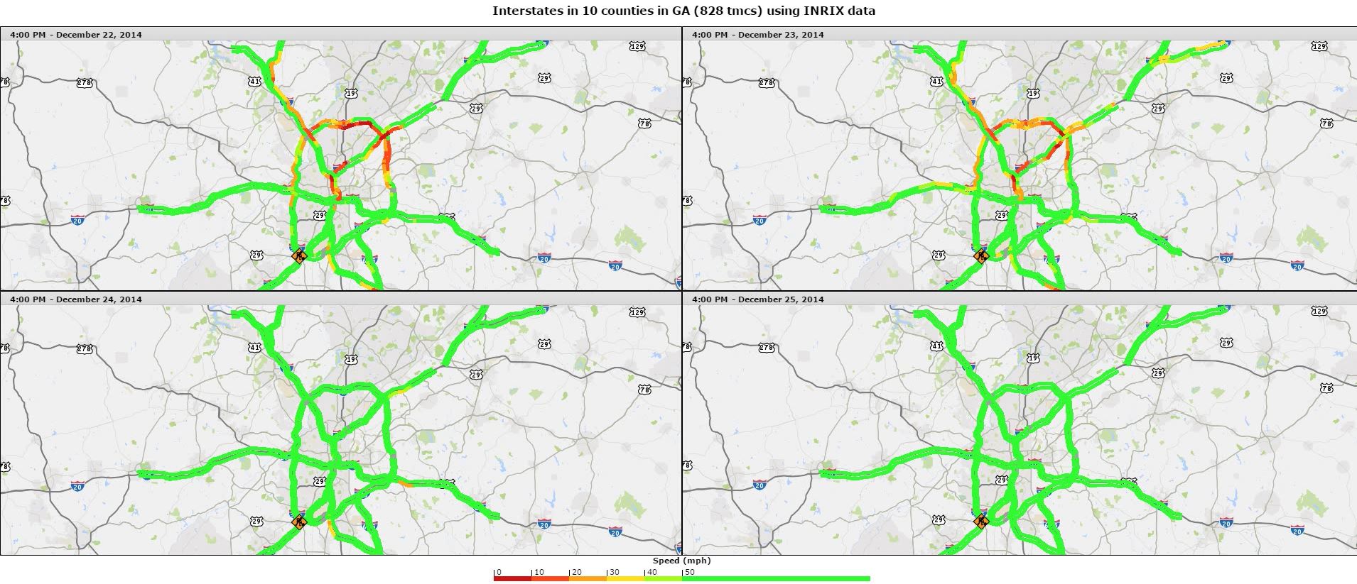 Video capture showing traffic speeds in metro Atlanta during Christmas week 2014
