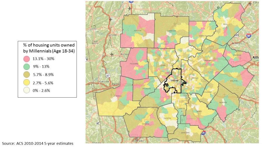 Map showing percentage of owner-occupied housing units with a Millennial homeowner