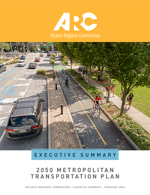 Report cover with ARC logo, picture of roadway and sidewalks with pedestrians. Title of executive summary.