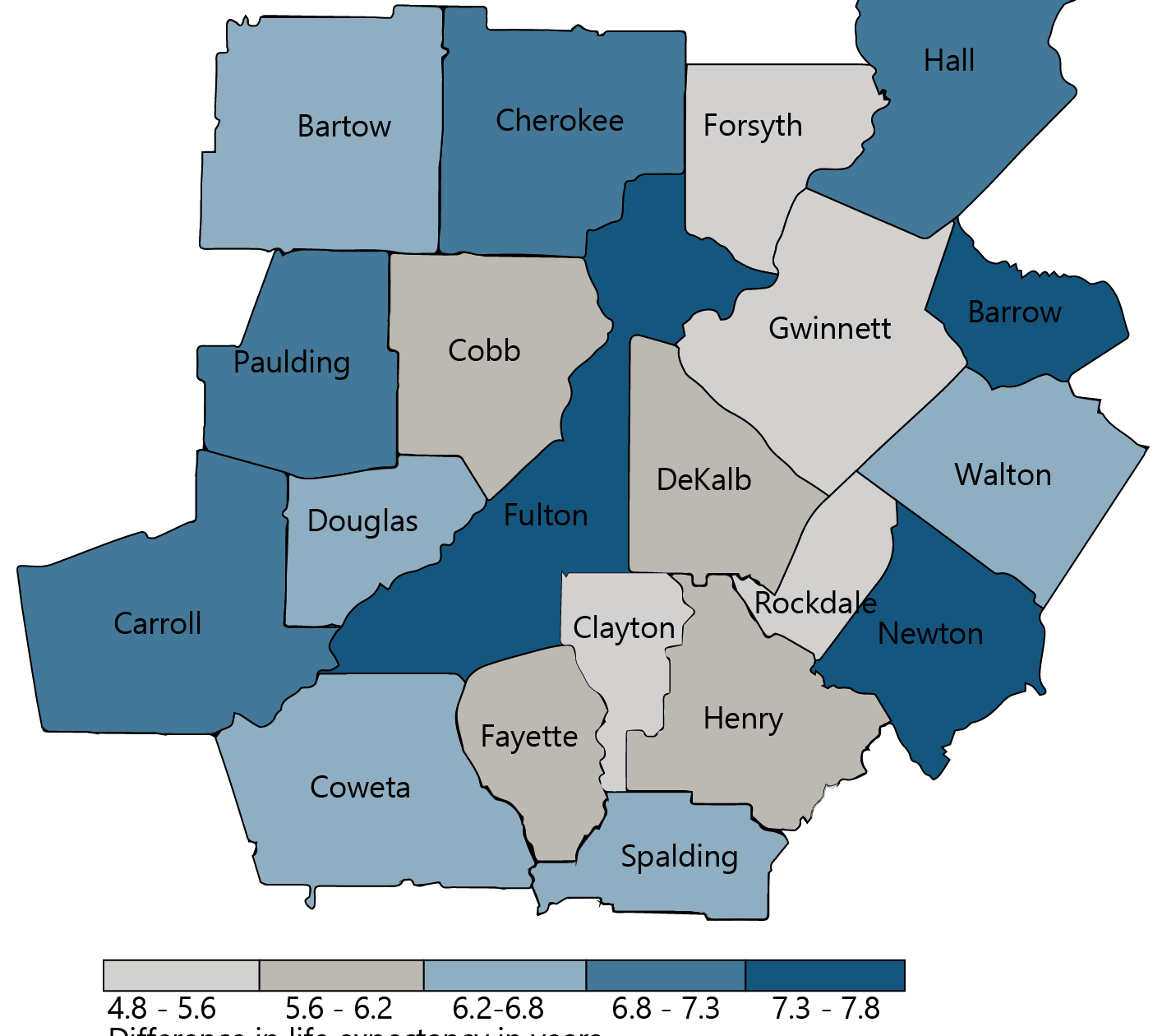 Difference in life expectancy for low- and high-income in 20 county metro Atlanta region