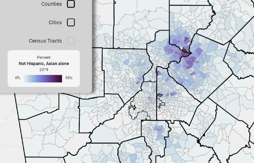 The map pictured shows that the highest density of Asian residents occurs in the northeastern suburbs: North DeKalb, Gwinnett, North Fulton, and South Forsyth counties. 12% of Gwinnett County’s population is Asian.