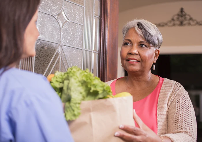 An older woman receives a delivery of groceries to her home