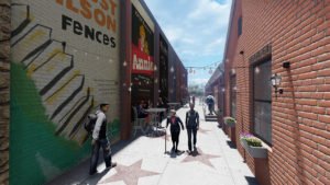 A rendering of the alleyway with lighting, seating, and murals.