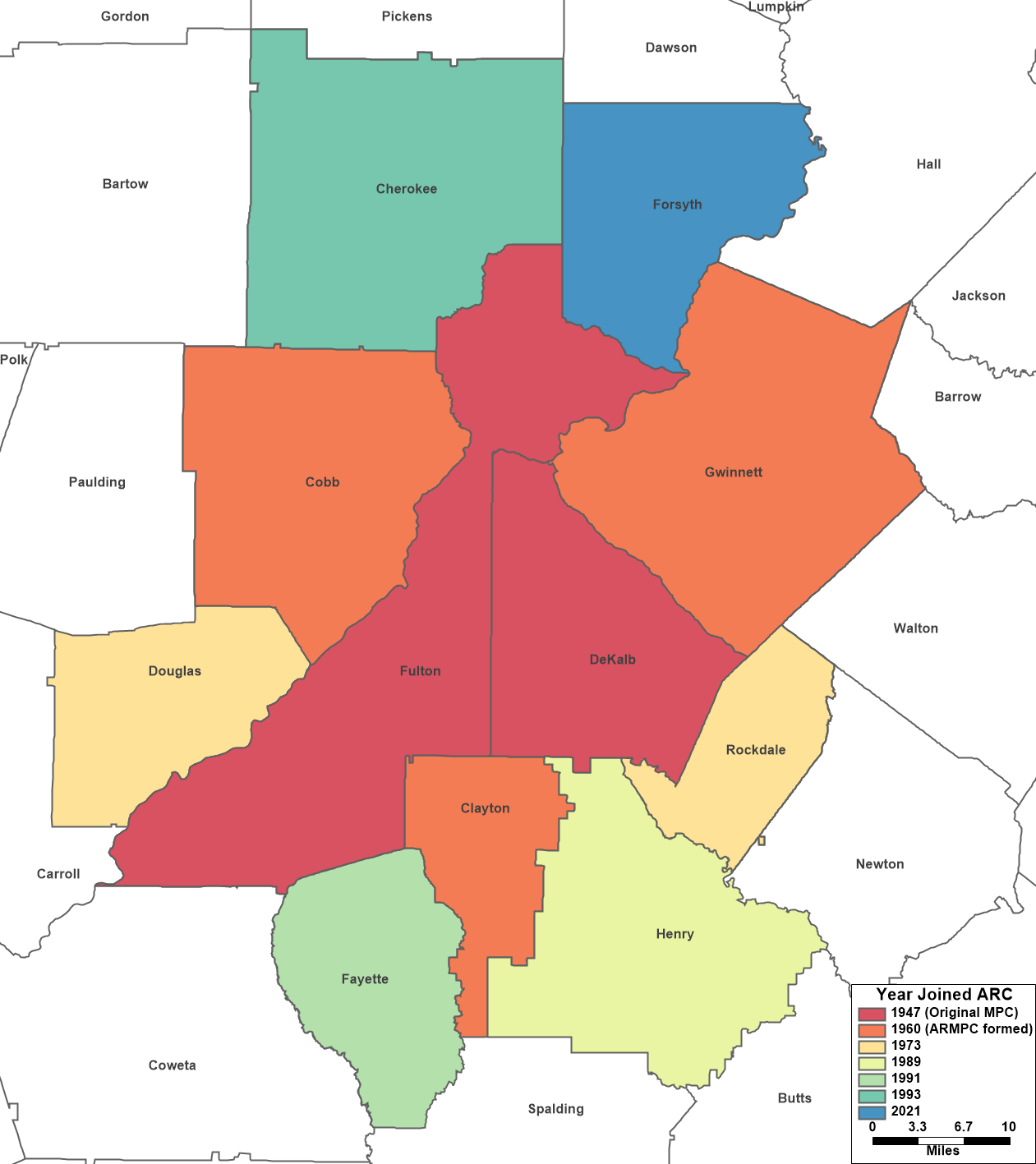 Map depicting the growth of the Atlanta Regional Commission, 1947-present