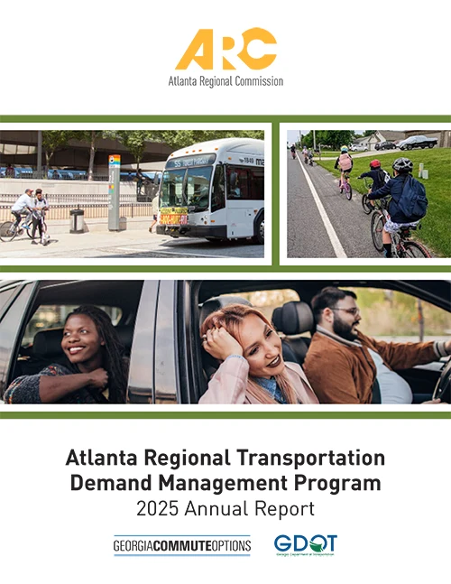 Cover TDM Program 2025 Annual report showing a collage of commuters using different transportation modes.
