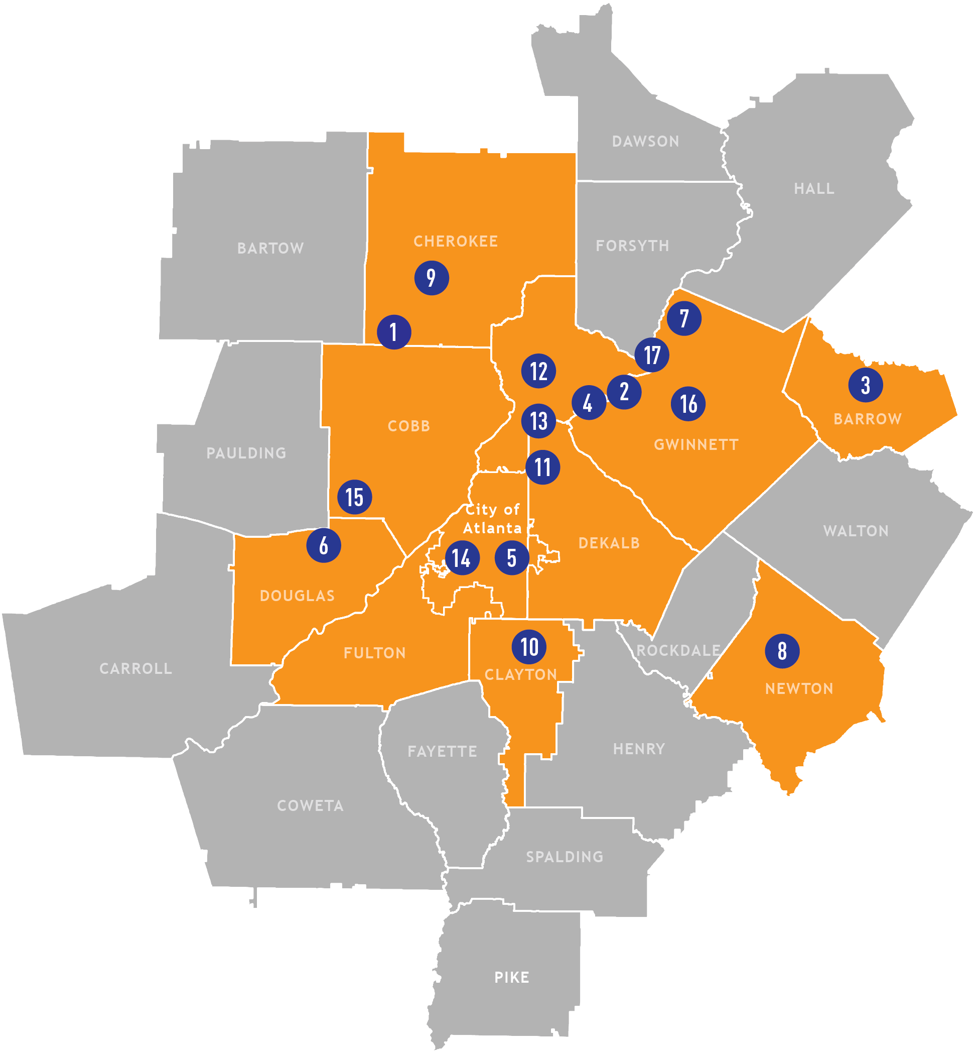 Map of the 17 TIP projects around the Atlanta region