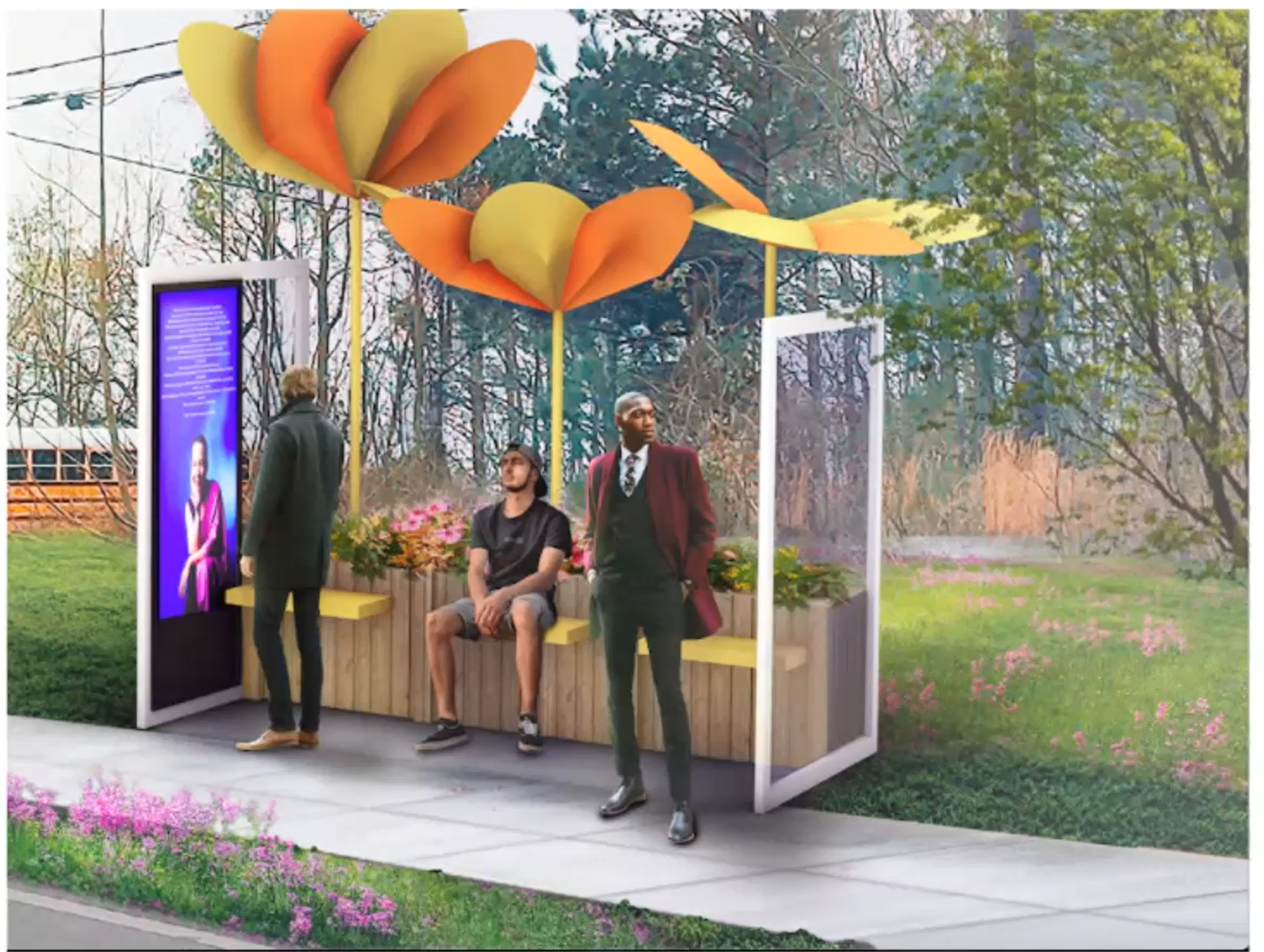 A rendering of an enhanced bus stop presented by an ALMA team at the Arts & Culture forum