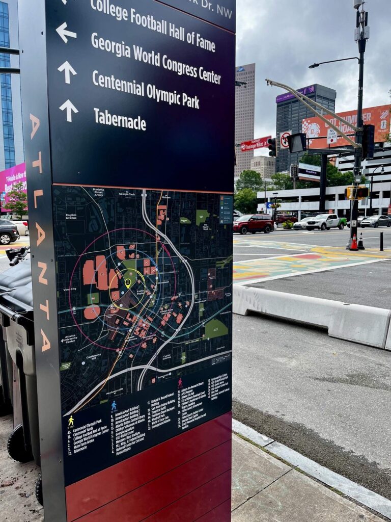 Wayfinding signage near Centennial Olympic Park helps direct people to area attractions