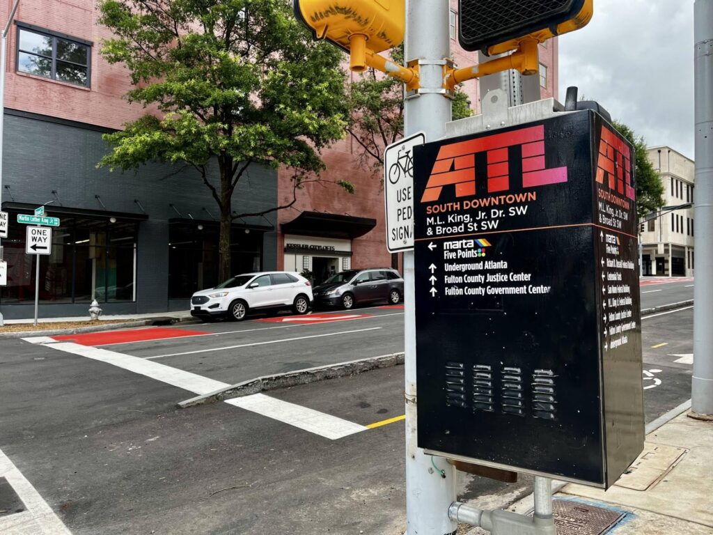 A new way-finding sign in Downtown Atlanta directs pedestrians to area attractions