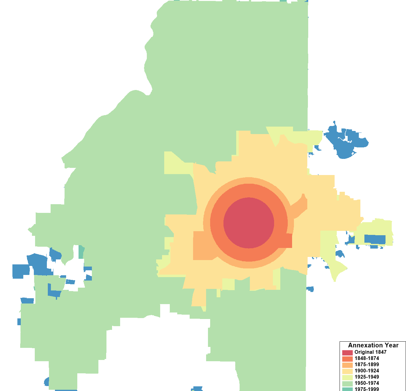 Map depicting annexations over time by the City of Atlanta, divided mostly into 25 year periods.