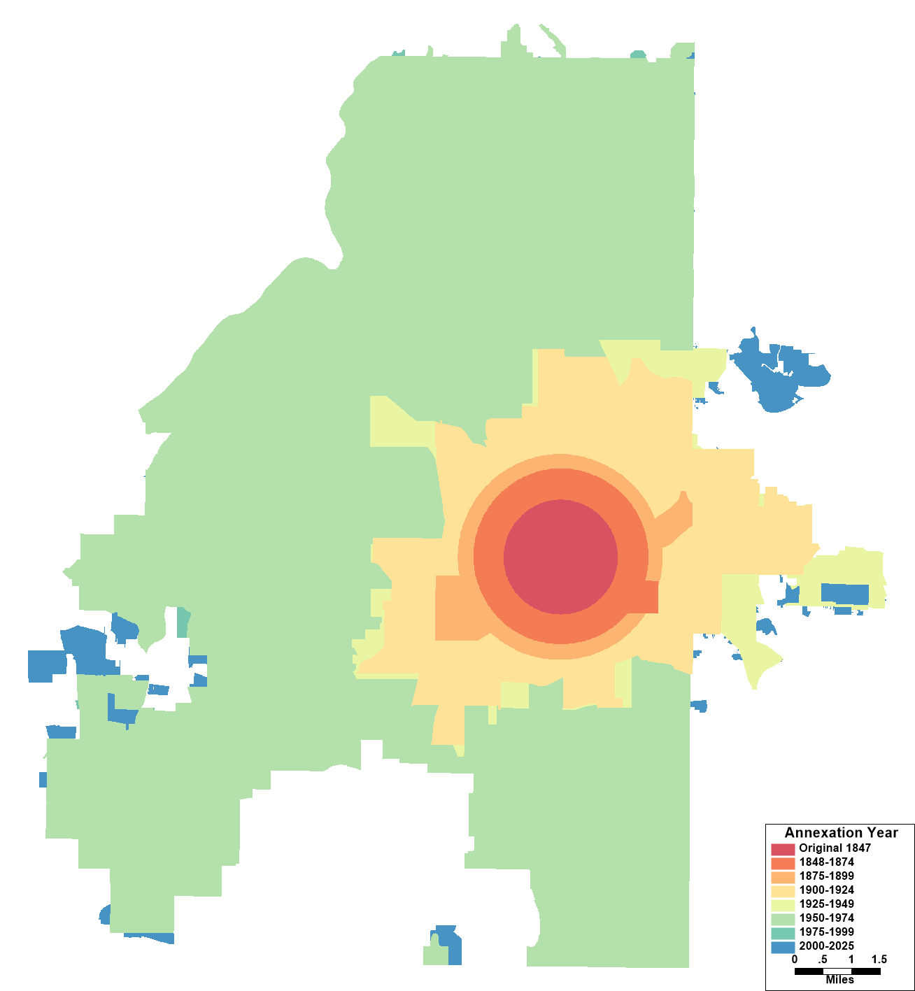 Map depicting annexations over time by the City of Atlanta, divided mostly into 25 year periods.