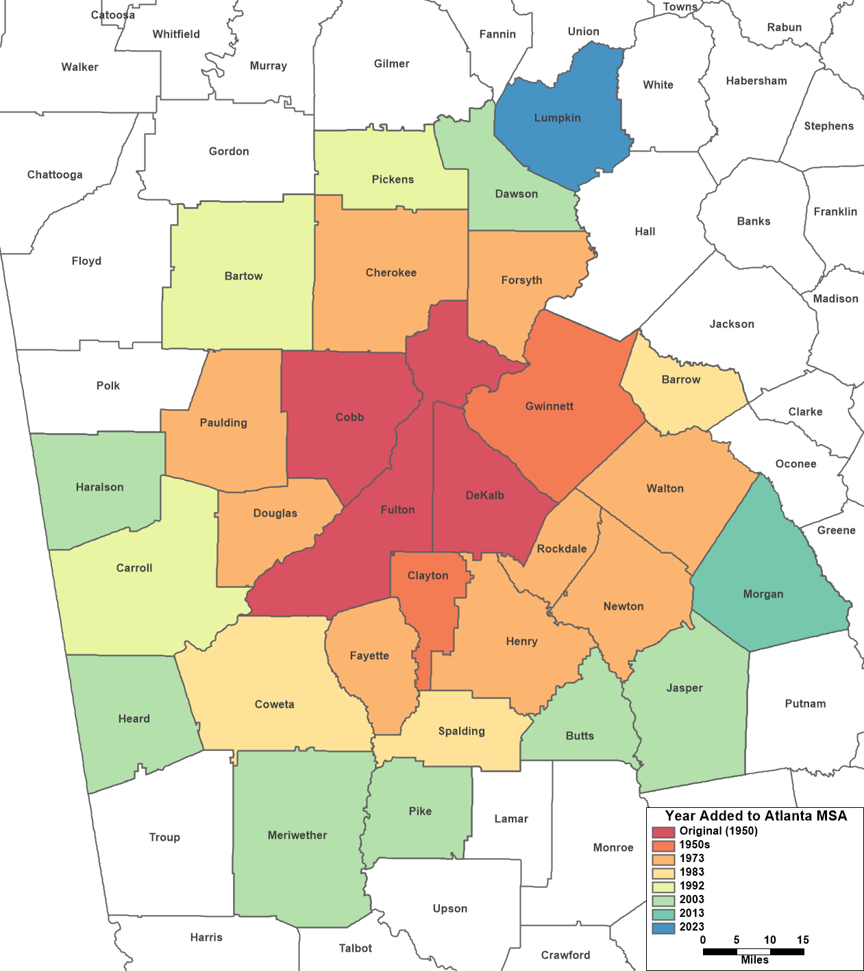 Map depicting the growth of the Atlanta MSA from 1950-2023