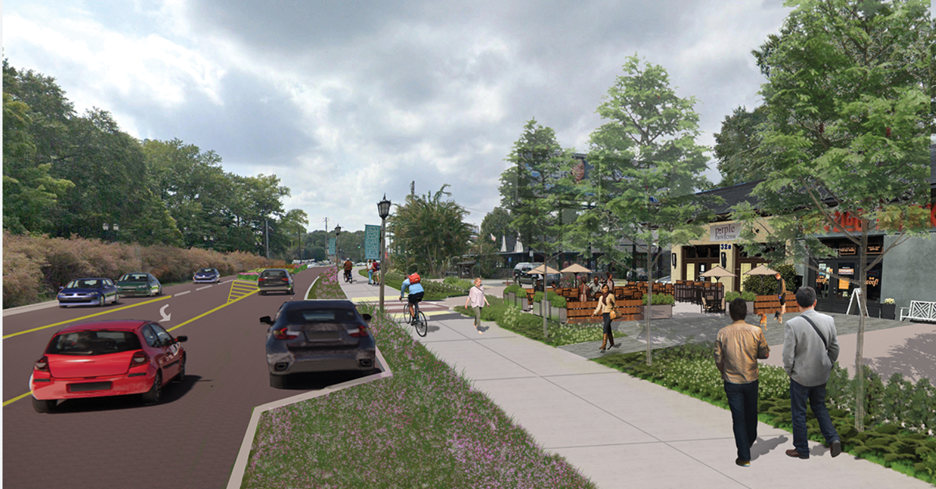 Rendering of the Avondale downtown road diet, with people and bicycle using a shared path