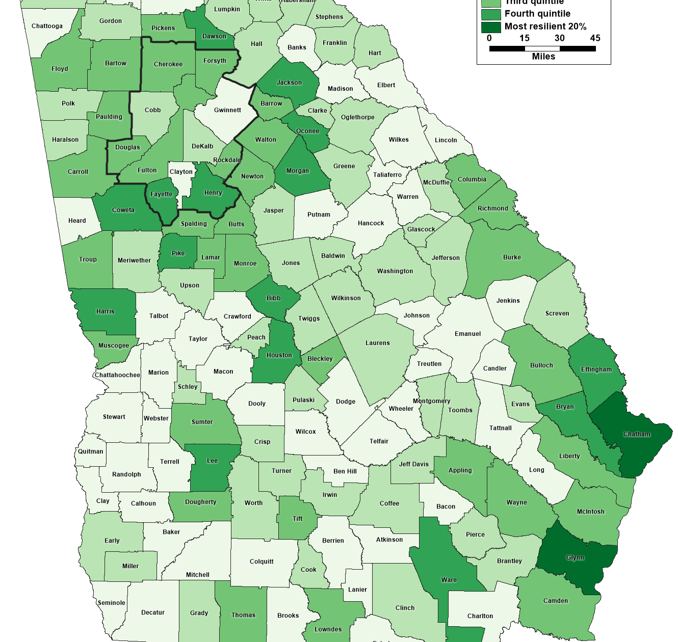 Map depicting the distribution in Georgia by nationwide quintile of the Baseline Resilience Indicators for Communities (BRIC) Index