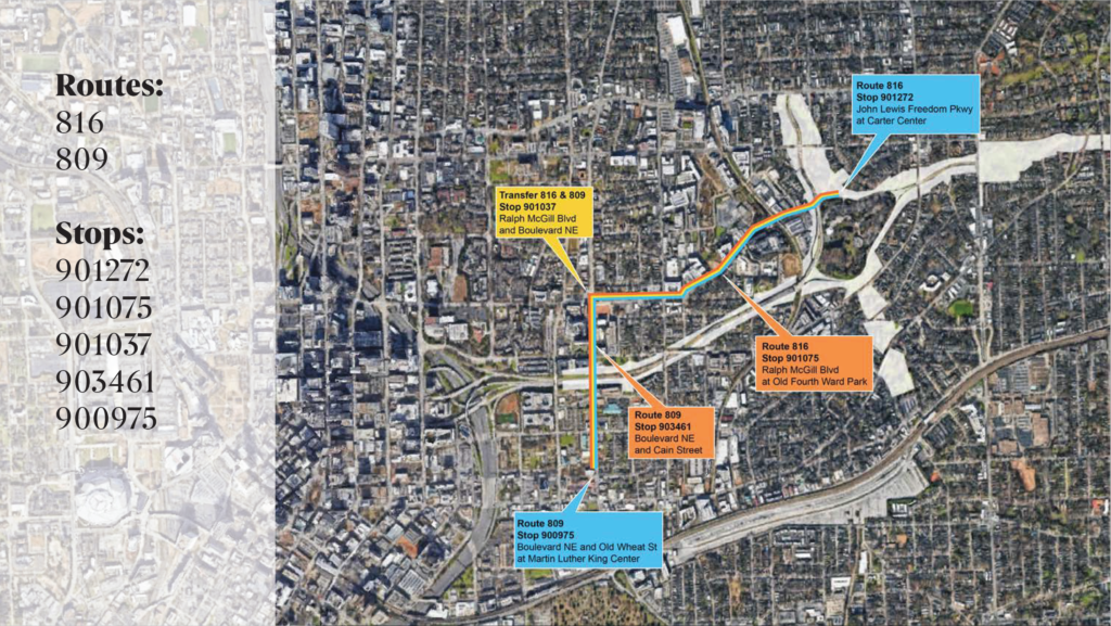 A suggested map featuring two bus routes between the King Center and the Carter Center that could be enhanced by public art