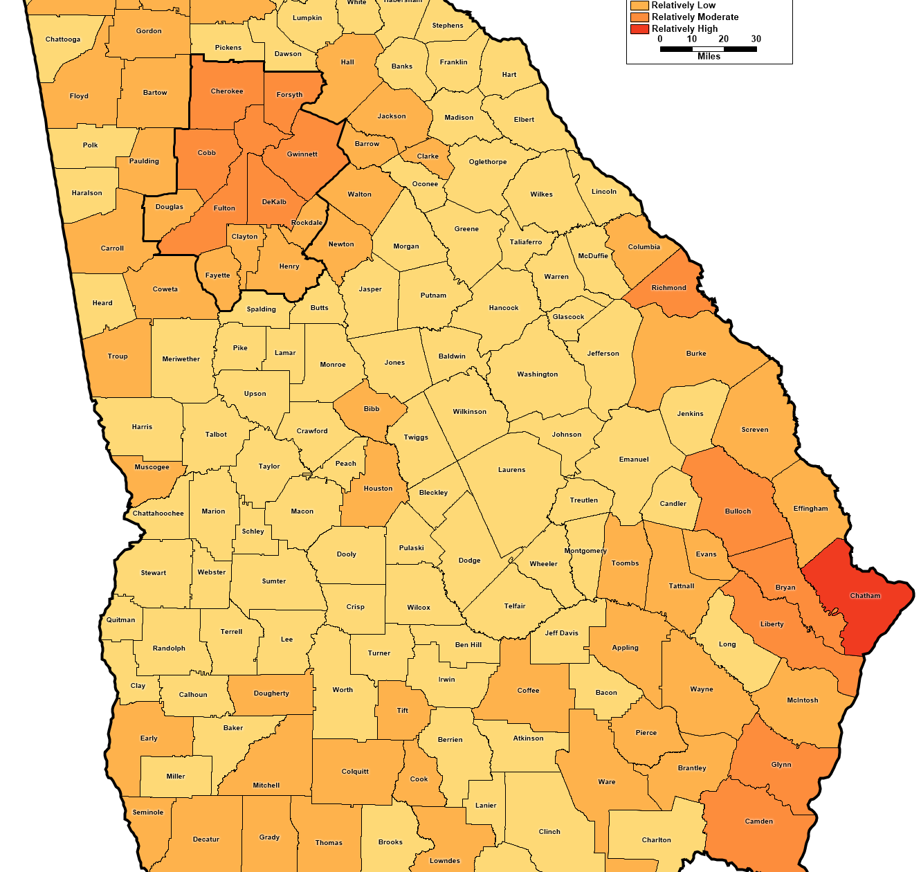 Map showing the distribution by county in Georgia of total expected annual loss from natural disasters as estimated by the Federal Emergency Management Agency (FEMA)