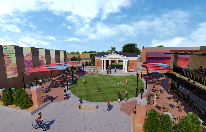 A rendering of the courtyard with added shading, murals, and people gathered around the pavilion as a staging point.