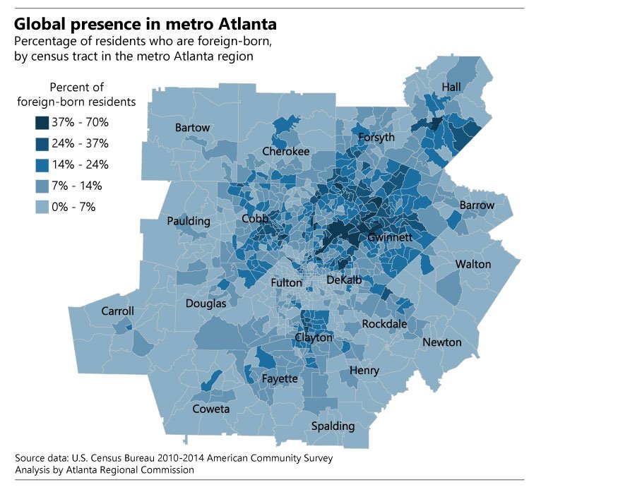 Another interesting spatial pattern we can discern from this mobility and migration data is where there are high concentrations of foreign-born populations. In the metro Atlanta counties, Gwinnett County has the highest percentages of residents that are foreign-born (almost 1 in 4 residents). Nearby areas in Forsyth, North Fulton, and Hall counties also have pockets with high densities of foreign residents.