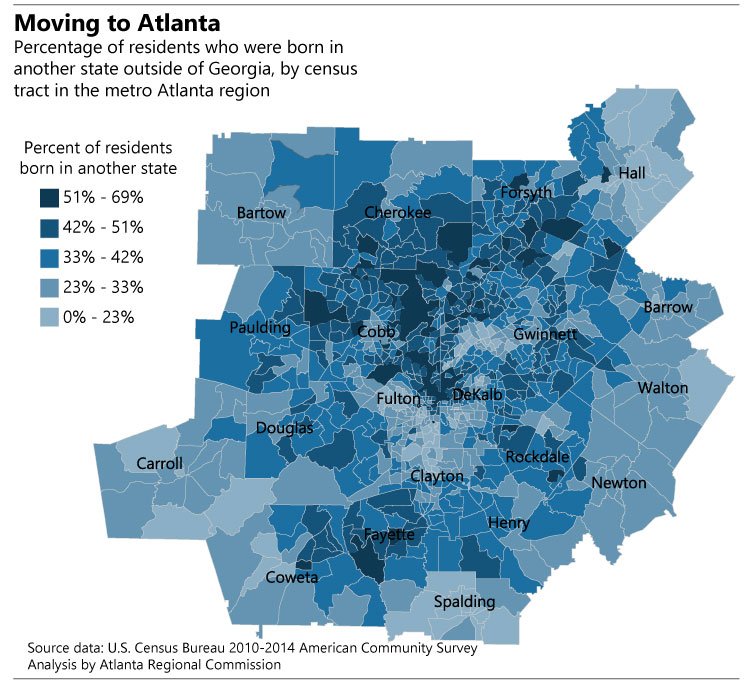Percentage of residents who were born in another state outside of Georgia, by census tract in the metro Atlanta region