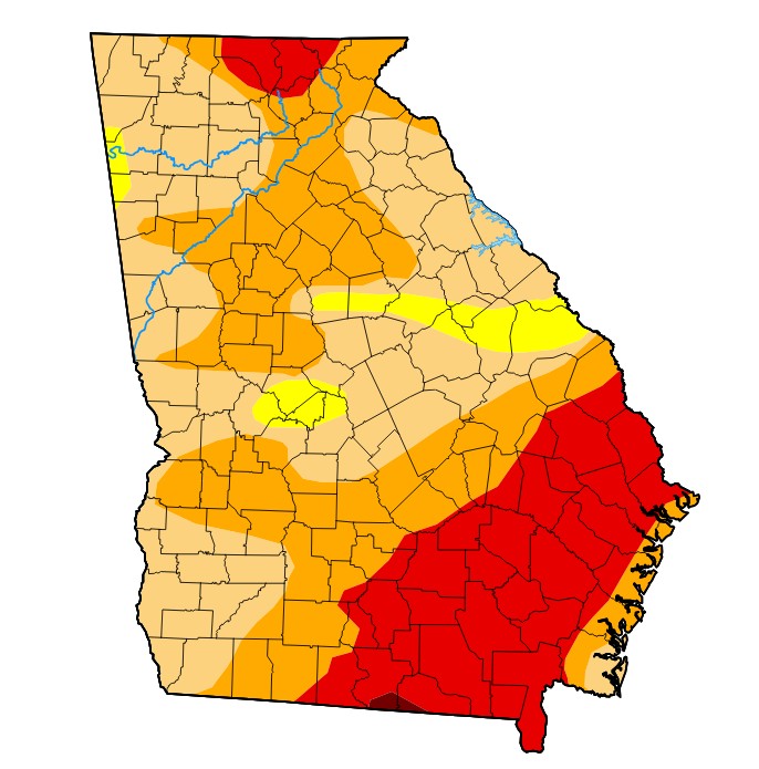 Map of Georgia showing severe drought conditions across most of metro Atlanta, with extreme drought conditions in southeast Georgia
