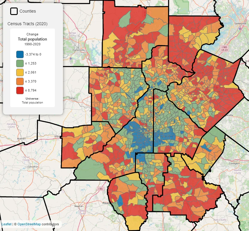 population change showing greaer growth in suburban areas