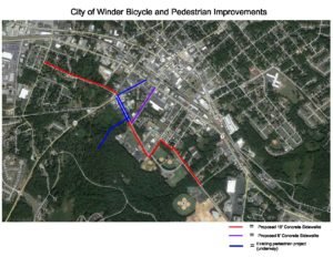 Overhead satellite map of downtown winder, indicating where 8 and 10 foot sidewalks will be added, as well as where existing projects are adding sidewalks at present