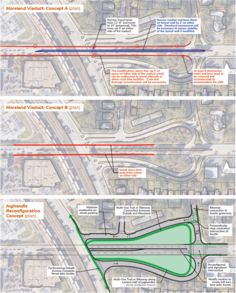 Three plan sketches (from top to bottom) Plan A to add medians and bike travel lanes on Moreland, Plan B to expand pedestrian infrastructure on Moreland, DeKalb Avenue plan to add greenspace and additional bike-ped lanes