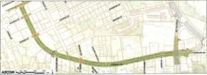 A bird's eye view of Fairburn Street on a map, showing a line of trees along the road and redesigned intersections