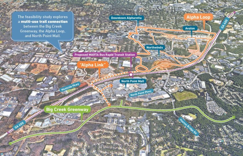 Rendered map of the Alpha Link project connection, showing how the trail will connect to Big Creek Greenway, North Point Mall and more