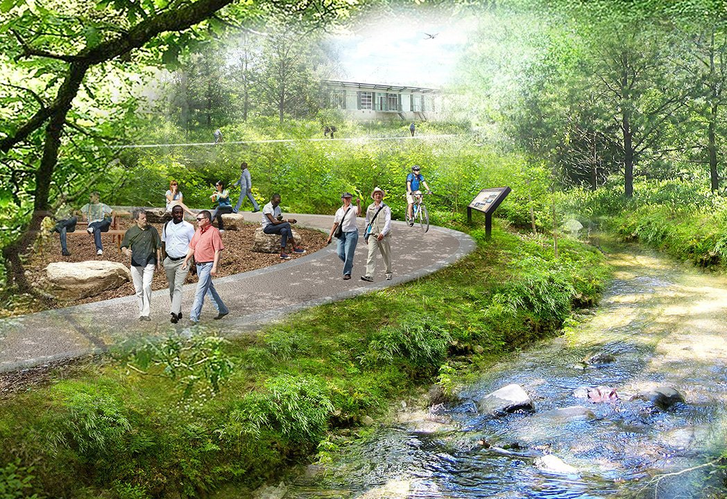Rendering of people walking along a paved trail that runs along a stream.