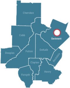 A map of metro Atlanta highlighting Gwinnett County