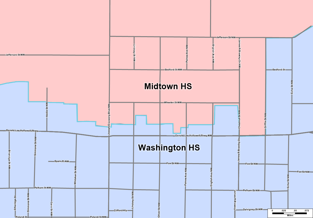 Map depicting part of the boundary between the Midtown HS and Washington HS attendance zones, illustrating how the boundaries do not necessarily follow streets.