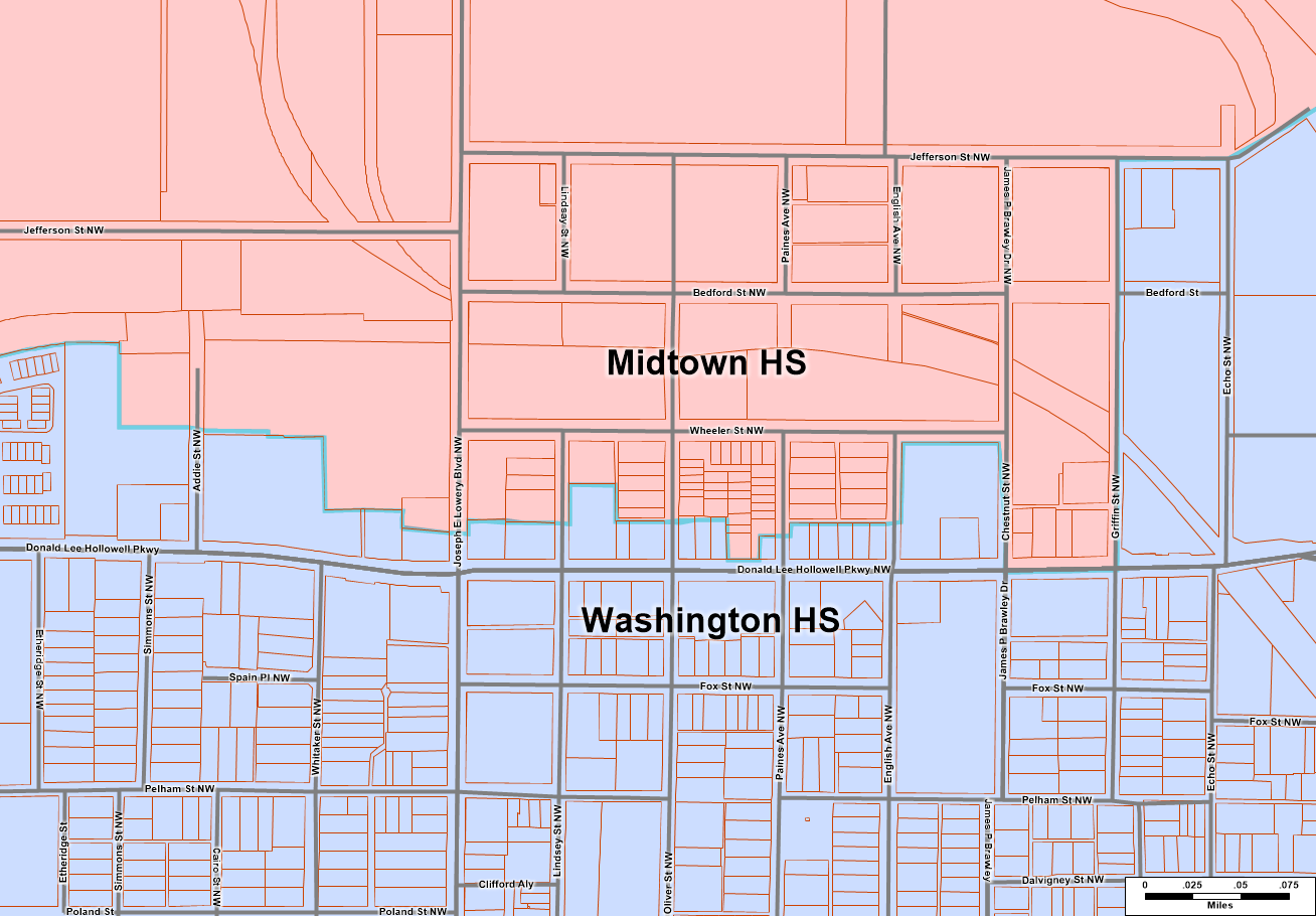 Map depicting part of the boundary between the Midtown HS and Washington HS attendance zones with parcel boundaries added to help explain why the boundaries do not necessarily follow streets.