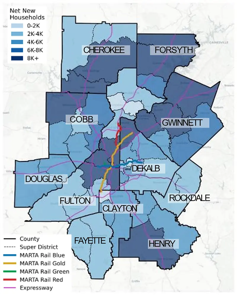 This map of the 11-county Atlanta region shows housing growth under current patterns concentrated in outer counties.