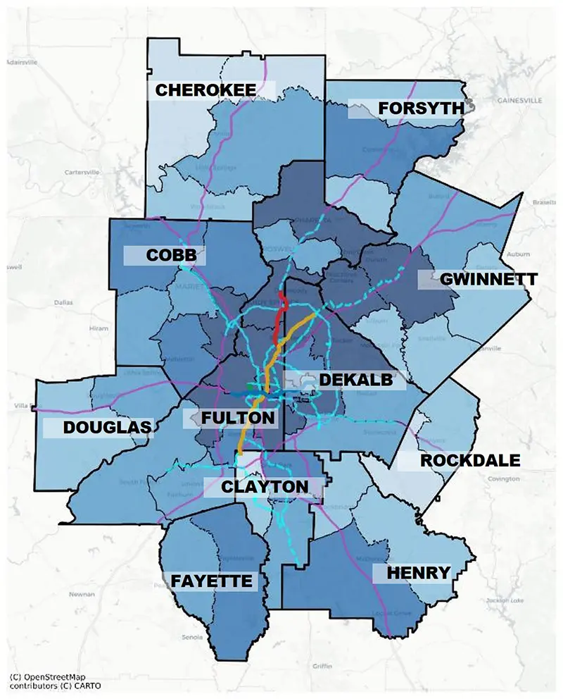 Map of the 11-county Atlanta region showing where housing growth should occur to align with job centers and transit access, with stronger growth in inner sububs and the inner core