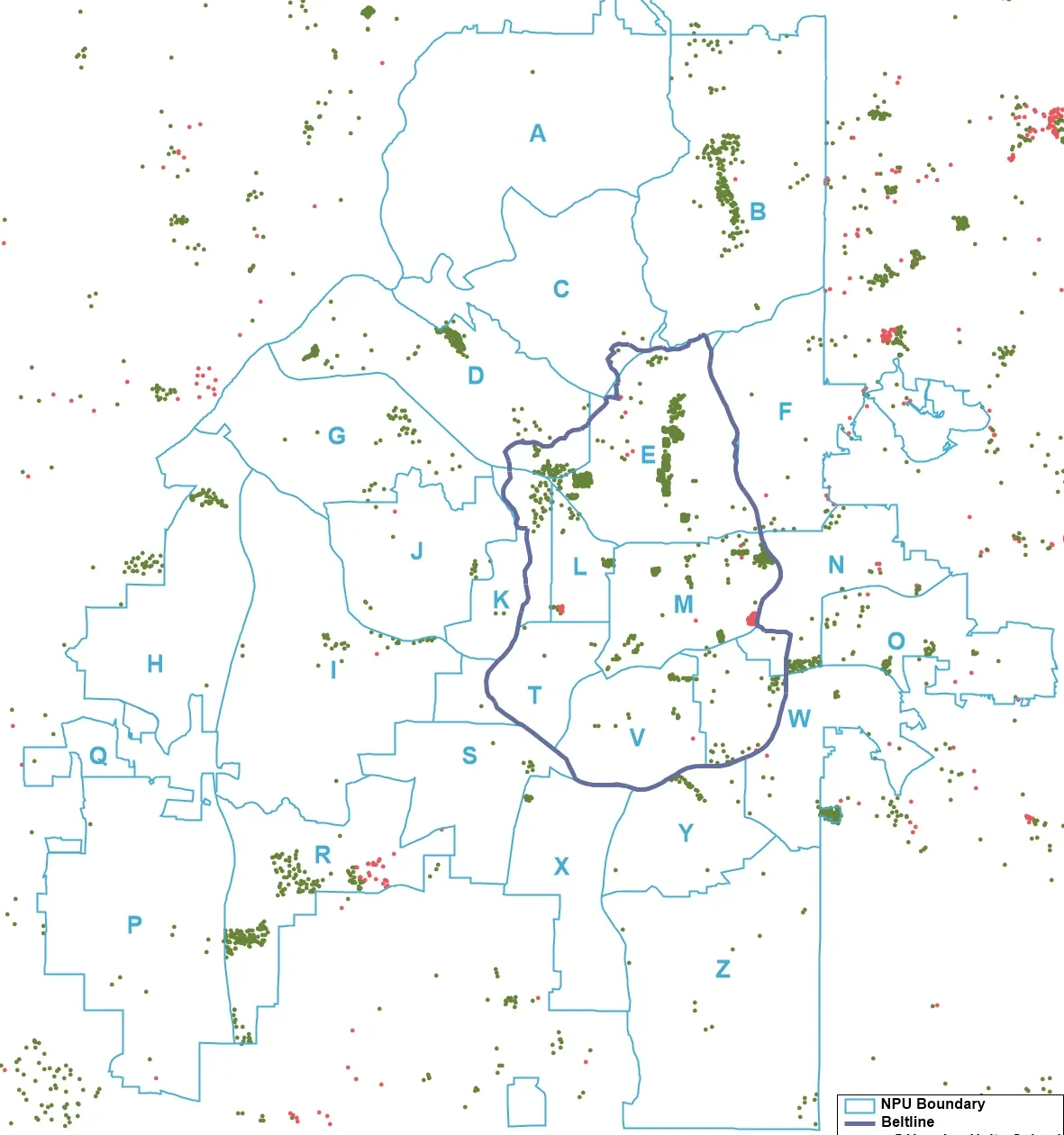Dot density map depicting the change in housing units in and near the City of Atlanta between July 2024 and July 2025, according to the Census Bureau's Address Count Listing Files