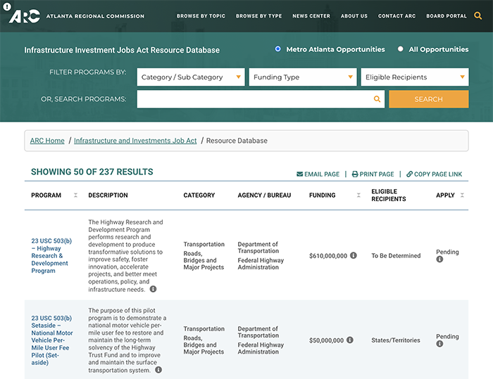 Screenshot of the IIJA Resource Database tool