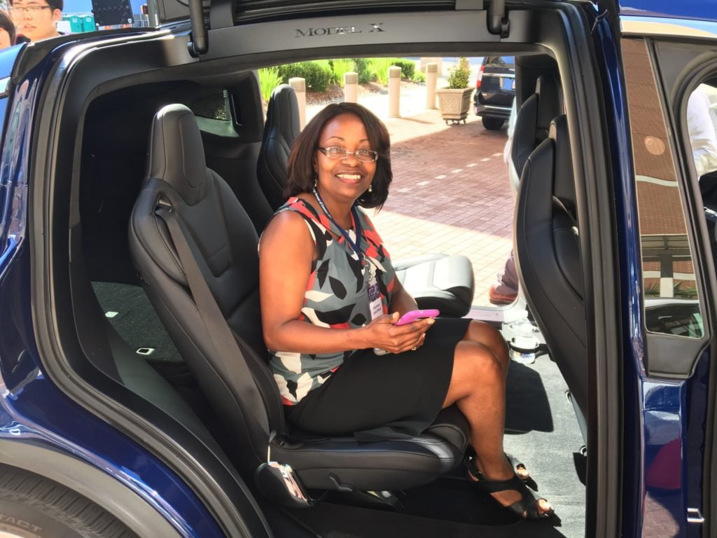 Henry County Chairman June Wood in an autonomous Tesla at ConnectATL.