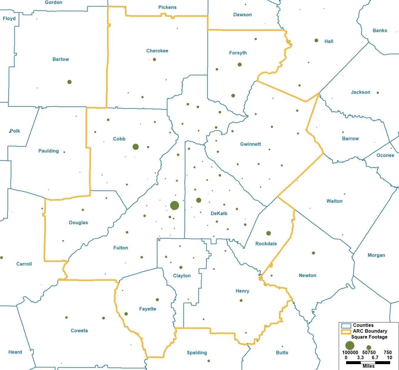 Map of Atlanta region (ARC 11 counties and environs) showing the location andsquare footage of public libraries, using data from the 2023 IMLS survey