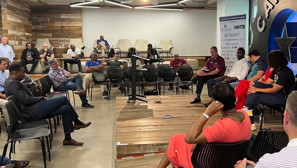 Metro Atlanta leaders listen to a panel about economic development during the 2022 LINK trip to Austin, Texas.