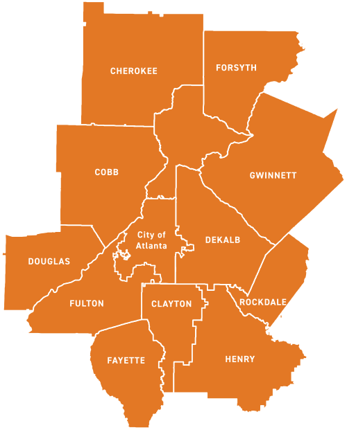 Map of the 11-county Atlanta region including Cherokee, Forsyth, Cobb, Gwinnett, Fulton, Douglas, DeKalb, Clayton, Rockdale, Fayette, Henry, and City of Atlanta