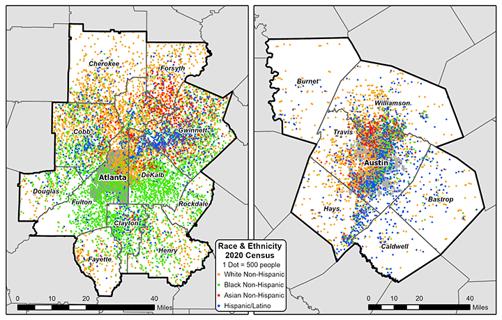 Cluster maps comparing race and ethnicity in the Atlanta region with the Austin metro area.