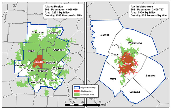maps comparing the Atlanta region with the Austin Metro Area.