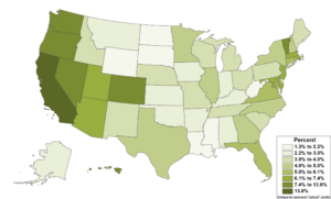 Choropleth map showing EV adoption rates by state, according to the 2025 American Community Survey 1-year estimates
