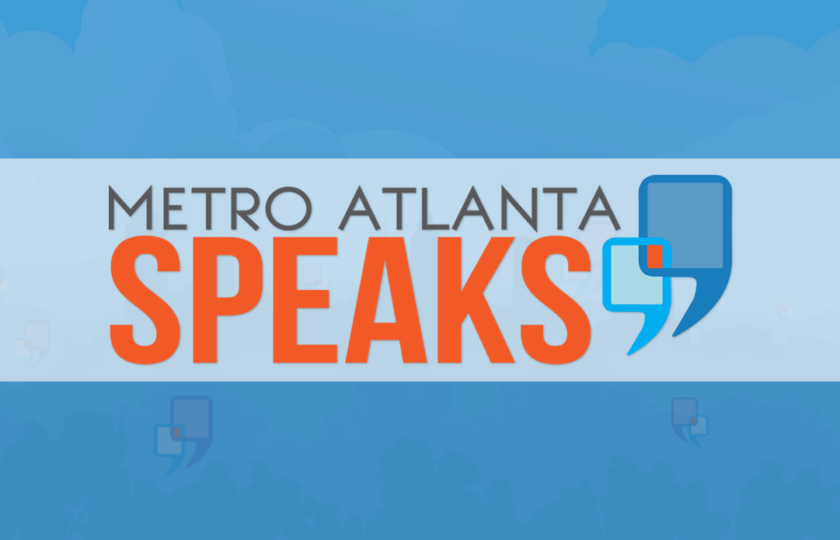 A visualization of the Atlanta skyline with word bubbles to symbolize Metro Atlanta speaking.
