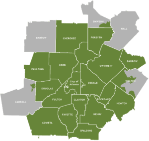 Map showing the counties of the Atlanta Metropolitan Planning Area