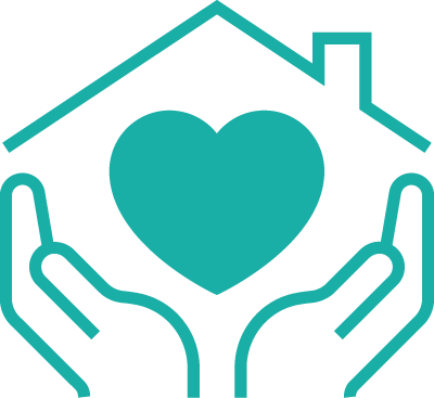 Icon of open hands holding a heart in front of a house