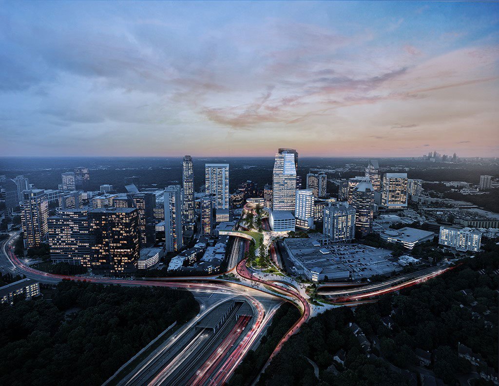 A rendering of an aerial view of the Ga. 400 park at night